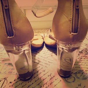 Tan Bamboo Ankle Strap Clear Heels